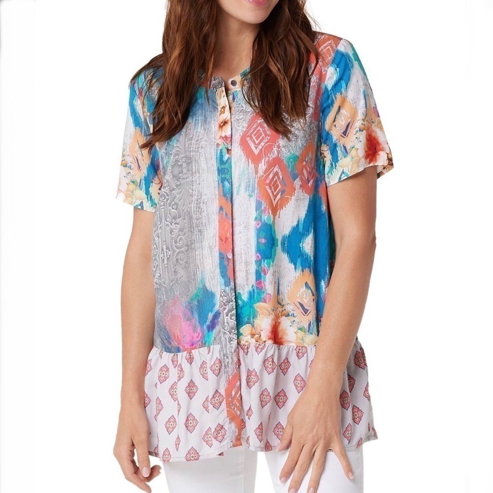 TOLANI COLLECTION Gray Ikat Ruffle Peplum Top MP